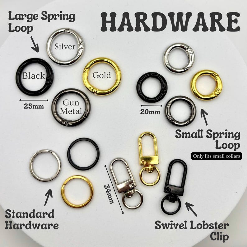May include: A collection of hardware components, including spring loops and swivel lobster clips, in various metallic finishes: silver, gold, black, and gunmetal. The image includes measurements in millimeters and the text "HARDWARE".