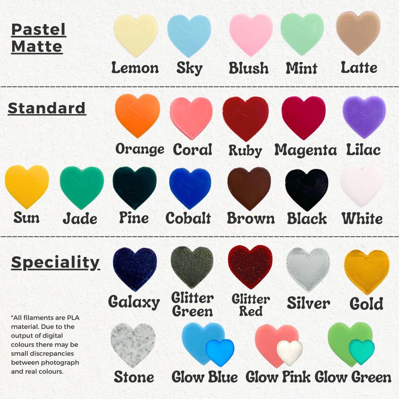 May include: A color chart featuring heart-shaped samples in various colors, including pastel, standard, and specialty finishes. Colors include Lemon, Sky, Blush, Mint, Orange, Ruby, and Gold. Text labels identify each color.