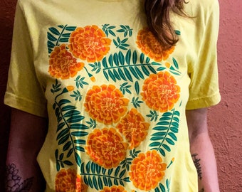 Marigold t-shirt, screen printed, hand printed, floral print