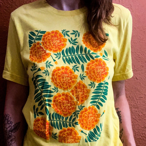 Marigold t-shirt, screen printed, hand printed, floral print