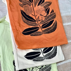 Monarch Butterfly and Milkweed t-shirt, screen printed, hand printed