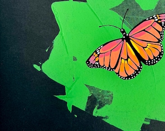 Migration no. 4, 12” x 12” original, screen print, hand painted, mixed media, monarch butterfly