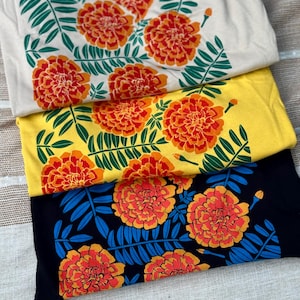 Marigold t-shirt, screen printed, hand printed, floral print