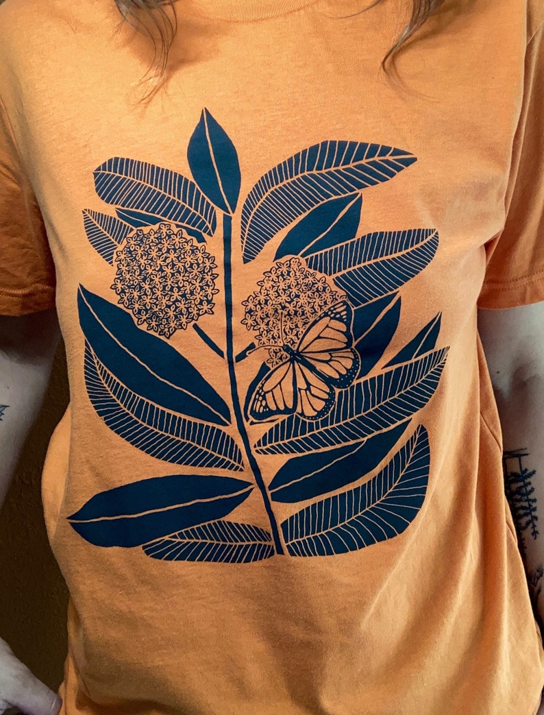 Monarch Butterfly and Milkweed t-shirt, screen printed, hand printed image 3