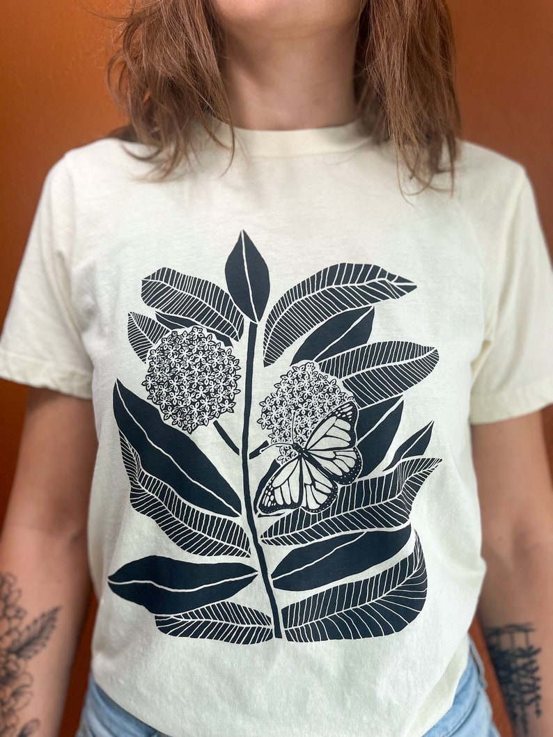 Monarch Butterfly and Milkweed t-shirt, screen printed, hand printed image 2