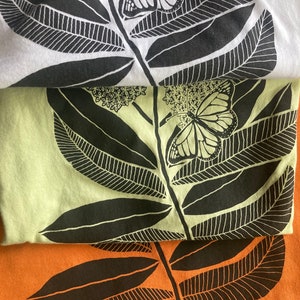 Monarch Butterfly and Milkweed t-shirt, screen printed, hand printed image 1