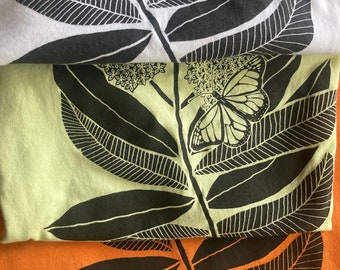 Monarch Butterfly and Milkweed t-shirt, screen printed, hand printed