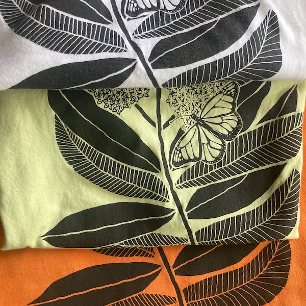 Monarch Butterfly and Milkweed t-shirt, screen printed, hand printed