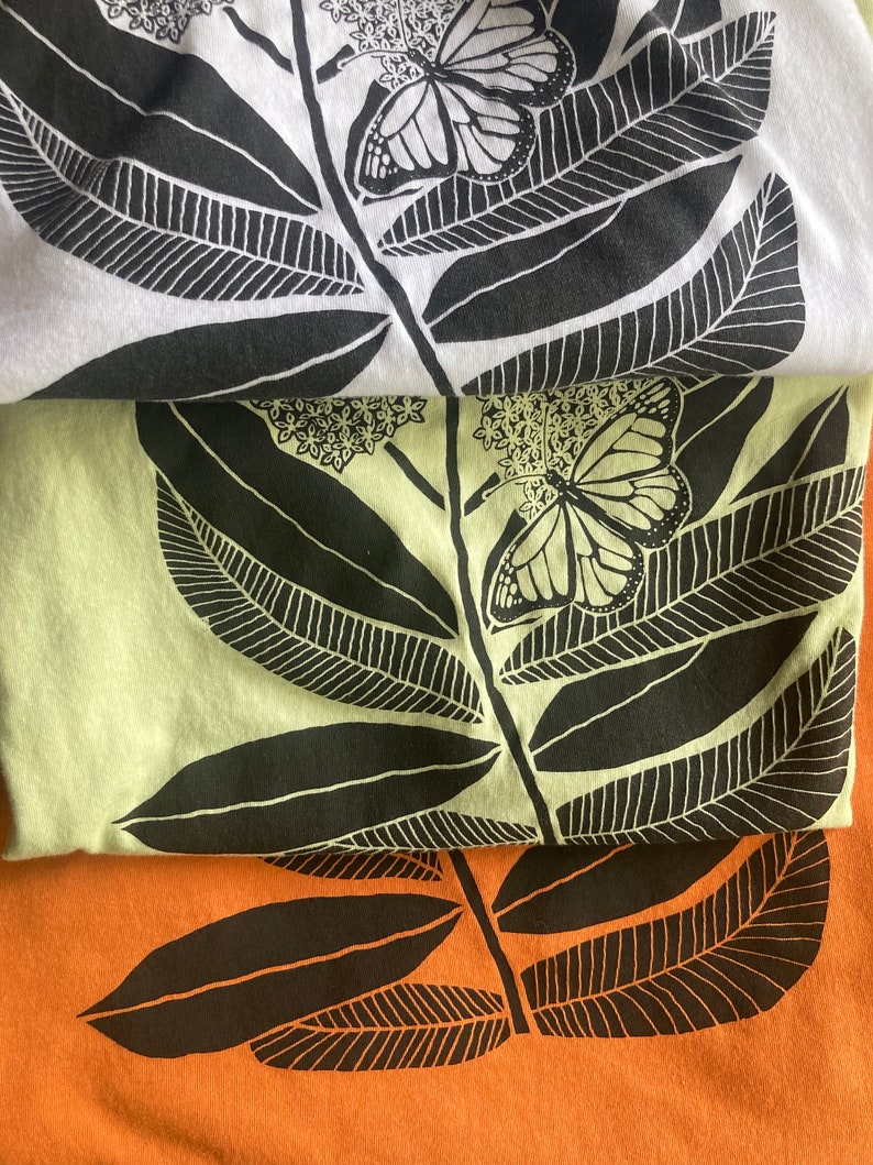 Monarch Butterfly and Milkweed t-shirt, screen printed, hand printed image 1