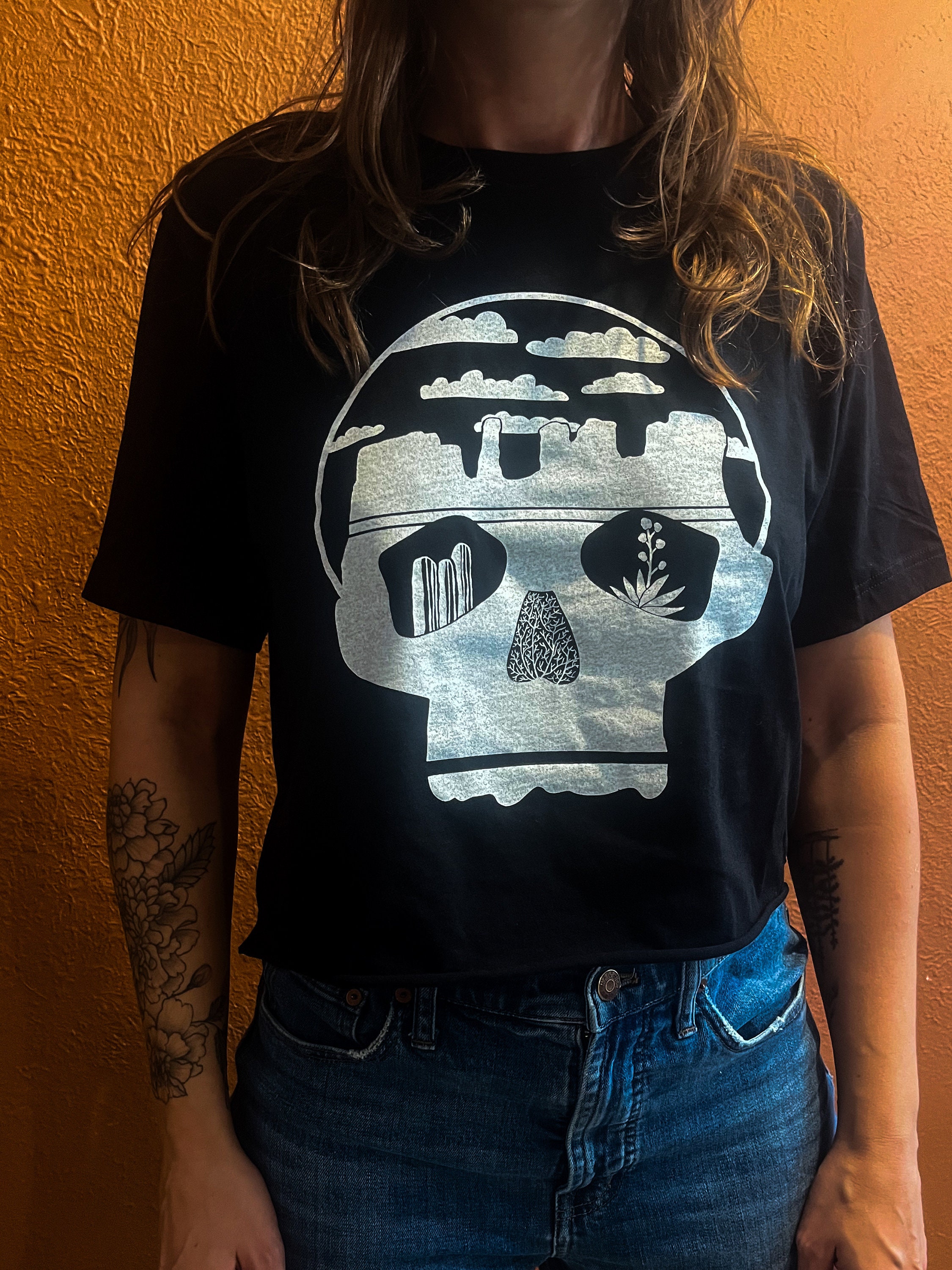 Desert Skull Crop Top, Screen Printed, Hand Printed, Cactus Sunset