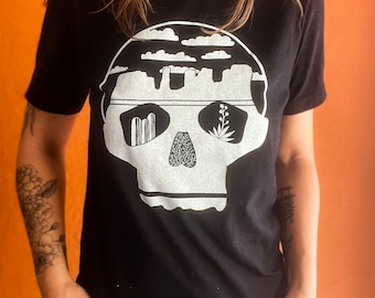 Desert Skull black t-shirt, Screen Printed, Hand Printed, Cactus Sunset, Western
