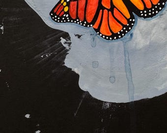 Migration no. 3, 12” x 12” original, screen print, hand painted, mixed media, monarch butterfly