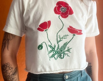 Poppy flower crop top, Screen Printed, Hand Printed, wildflowers