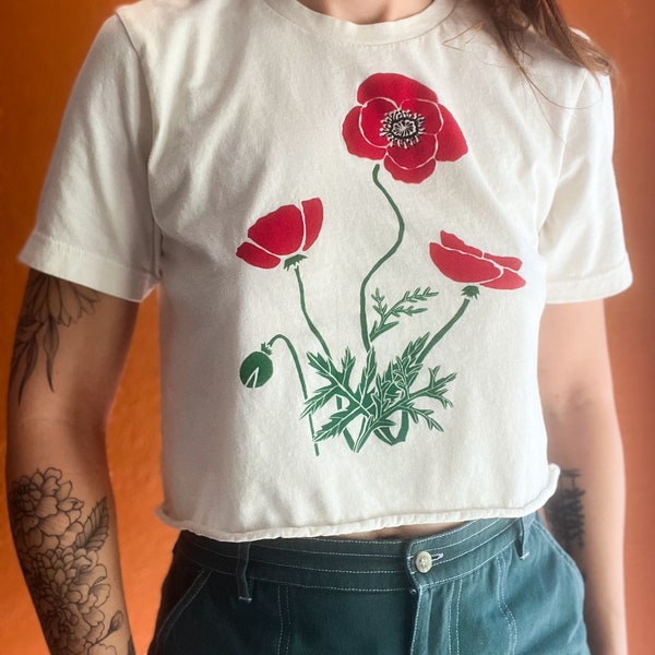 Poppy flower crop top, Screen Printed, Hand Printed, wildflowers