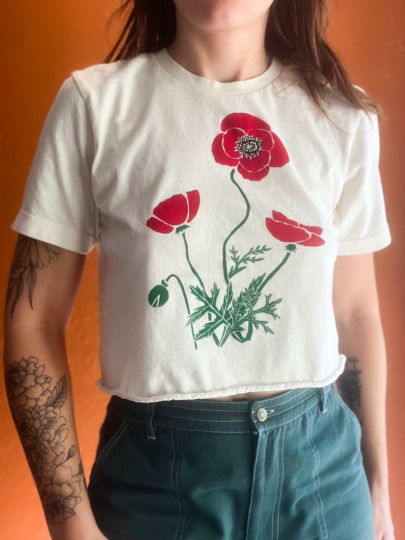 Poppy flower crop top, Screen Printed, Hand Printed, wildflowers image 1