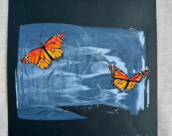 Migration no. 2, 12” x 12” original, screen print, hand painted, mixed media, monarch butterfly