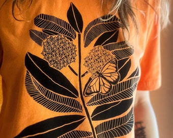 Monarch Butterfly and Milkweed crop-top, screen printed, hand printed