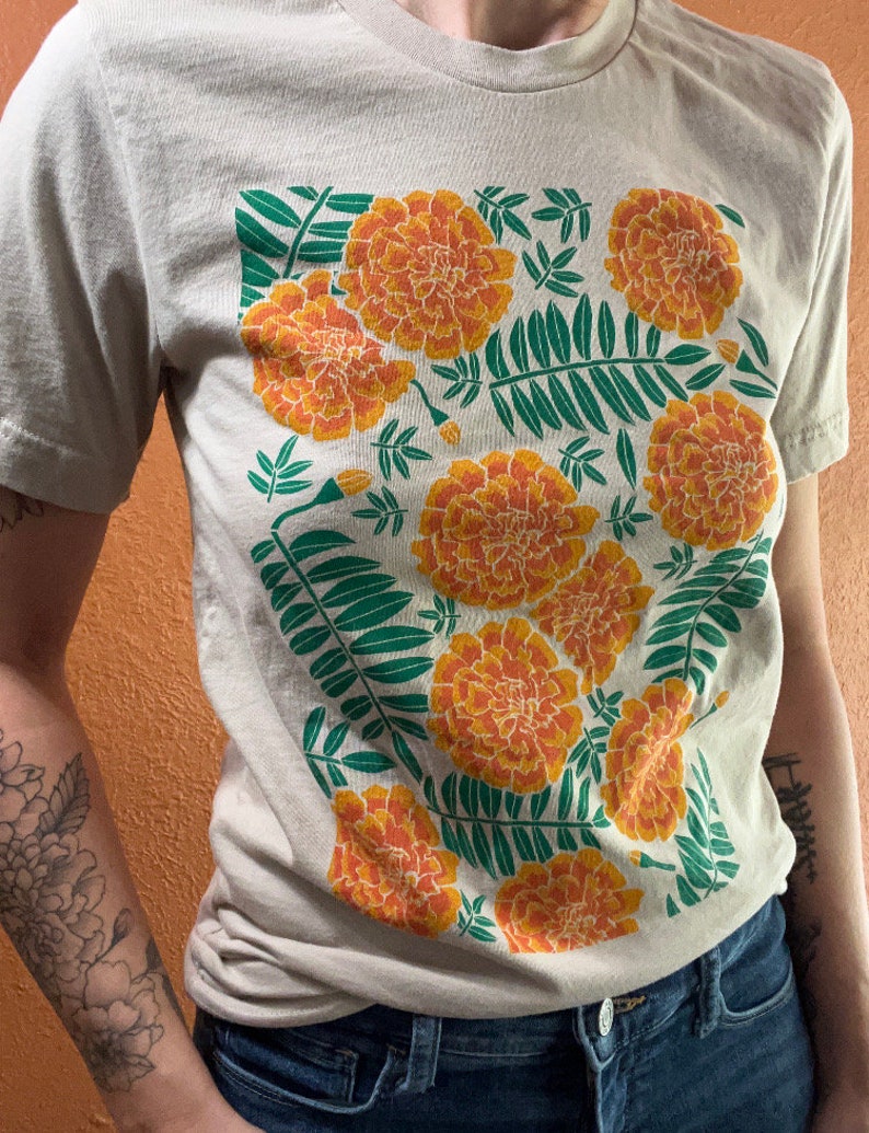 Marigold t-shirt, screen printed, hand printed, floral print image 2