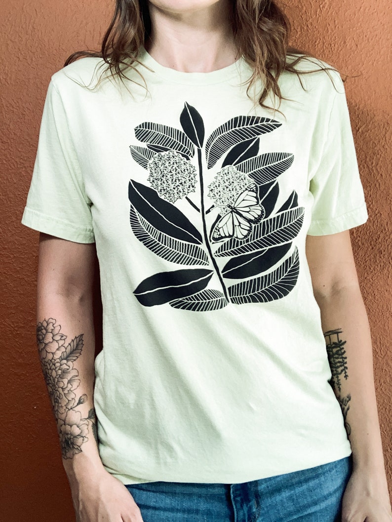 Monarch Butterfly and Milkweed t-shirt, screen printed, hand printed image 4