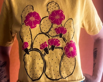 Top corto y camiseta de cactus, estampado serigrafiado, estampado a mano, nopal, floreciente