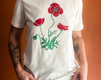 Poppy flower t-shirt, Screen Printed, Hand Printed, wildflowers