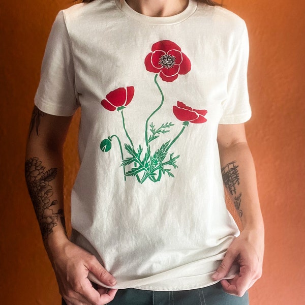 Poppy flower t-shirt, Screen Printed, Hand Printed, wildflowers