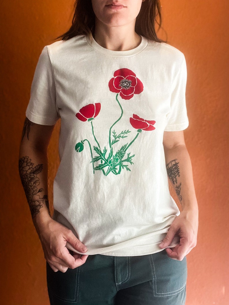 Poppy flower t-shirt, Screen Printed, Hand Printed, wildflowers image 1