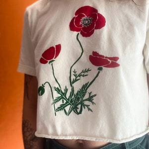 Poppy flower crop top, Screen Printed, Hand Printed, wildflowers image 2