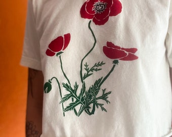 Poppy Flower Crop Top, Screen Printed, Hand Printed