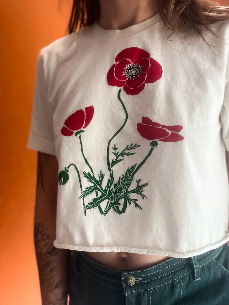 Poppy flower crop top, Screen Printed, Hand Printed, wildflowers image 2