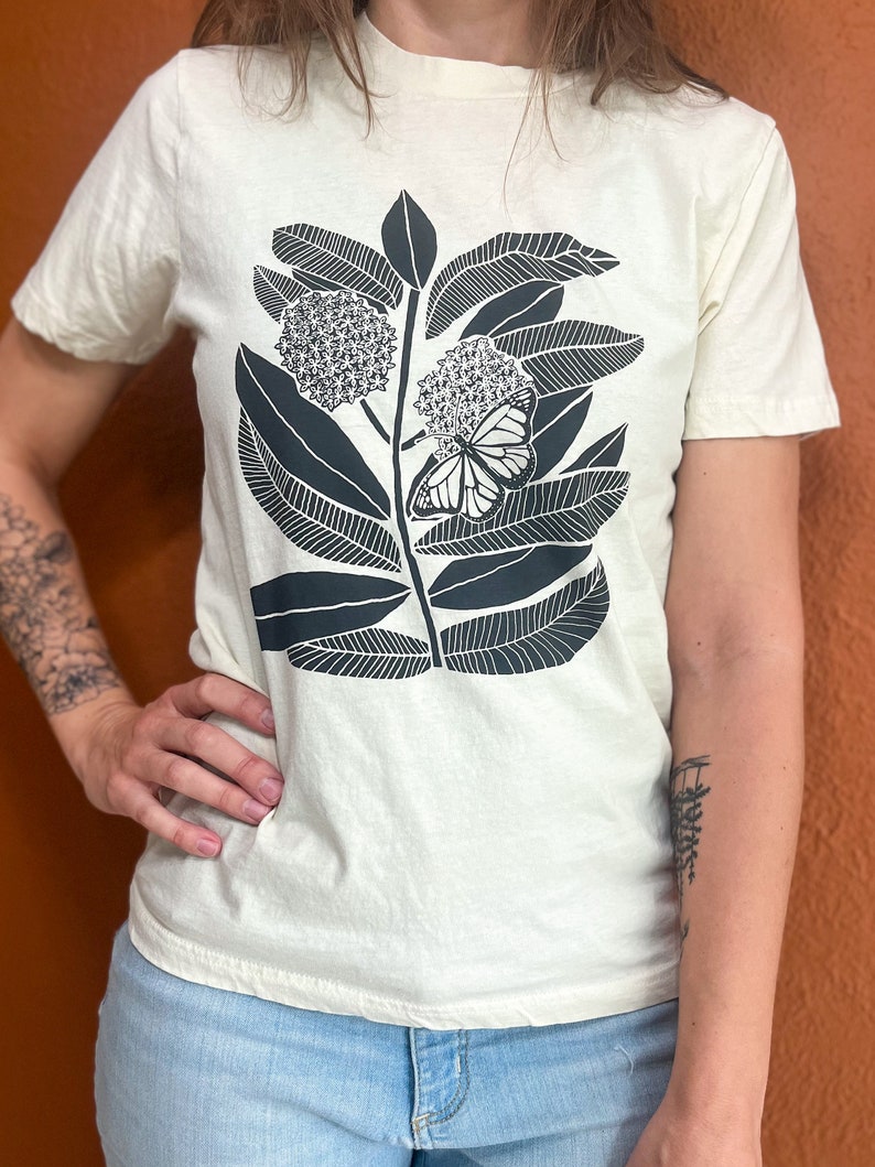 Monarch Butterfly and Milkweed t-shirt, screen printed, hand printed image 5