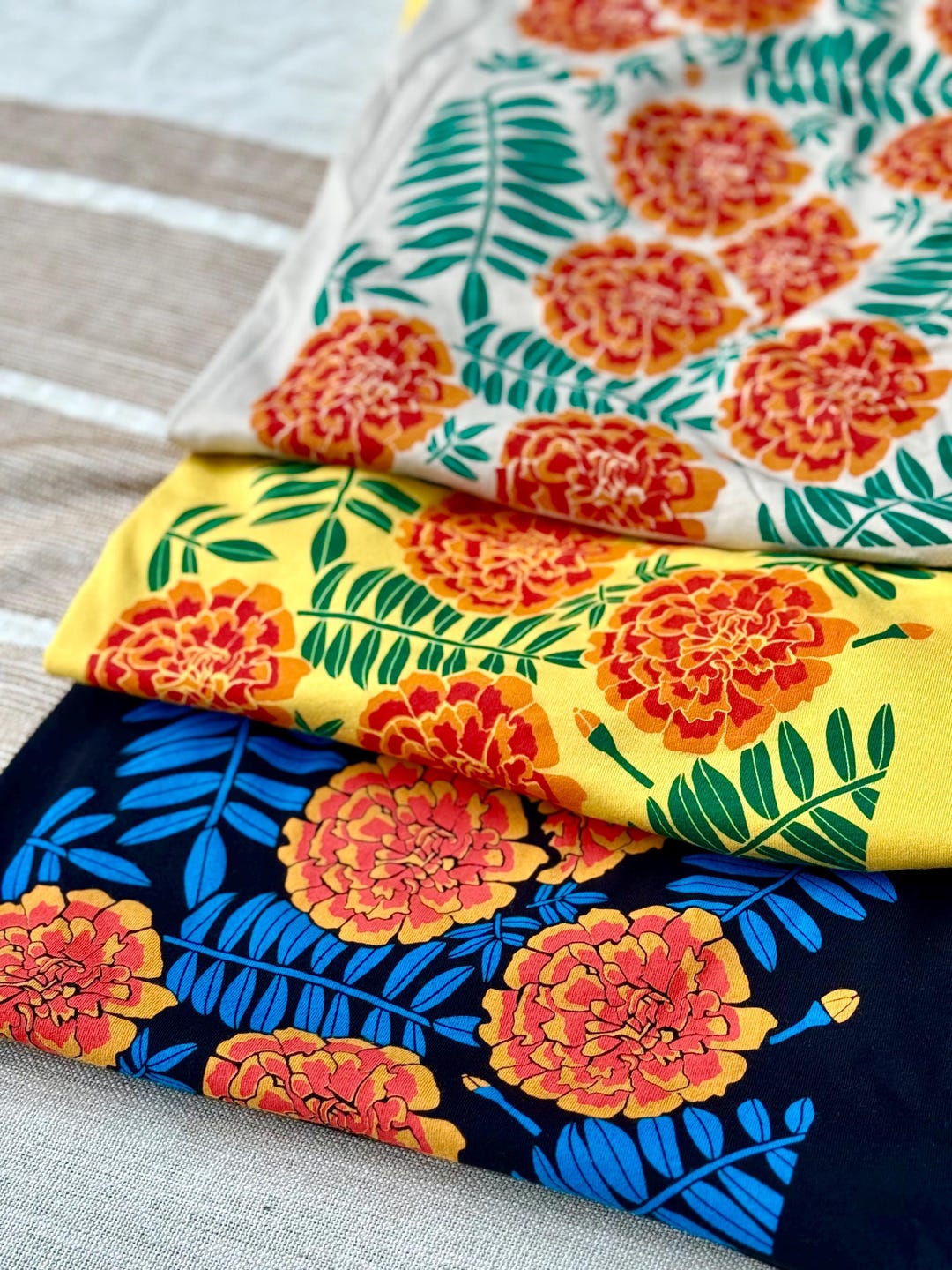 Marigold Crop Top and T-Shirt, screen printed, hand printed, floral print