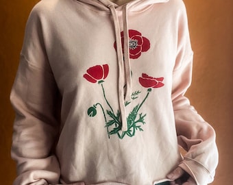 Poppy flower cropped sweatshirt, Screen Printed, Hand Printed, wildflowers