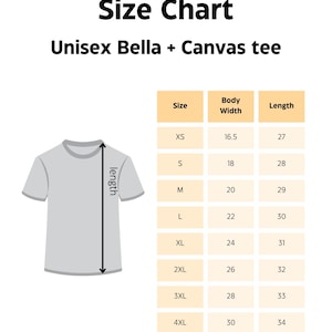 May include: Size chart for a Unisex Bella + Canvas tee. The chart shows body width and length measurements in inches for sizes XS to 4XL. A graphic of a t-shirt is on the left, with a line indicating the length measurement.