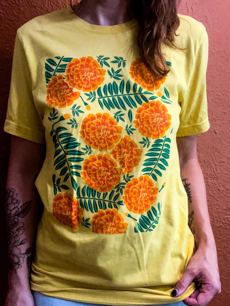 Marigold t-shirt, screen printed, hand printed, floral print image 1