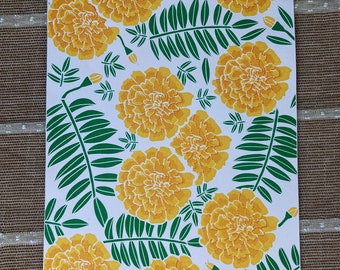 Marigold Floral Print, Botanical original, Handmade Screen Print, silkscreen art
