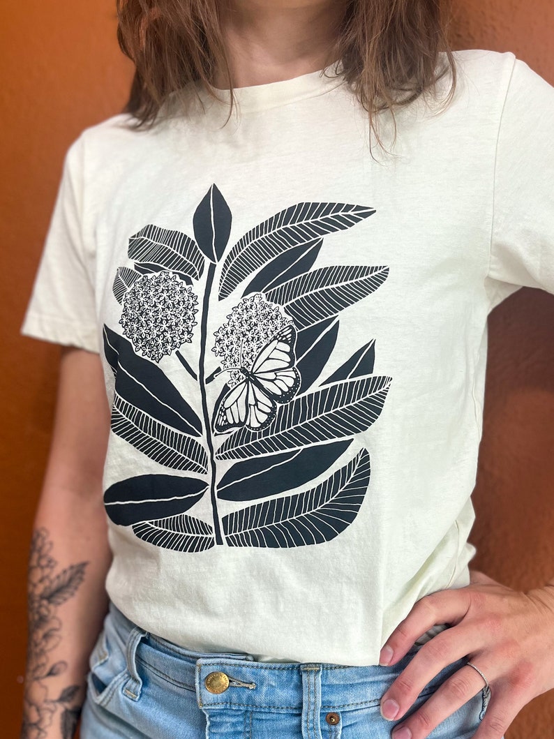 Monarch Butterfly and Milkweed t-shirt, screen printed, hand printed image 6