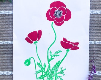 Poppy Floral Print, Botanical original, Handmade Screen Print, silkscreen art