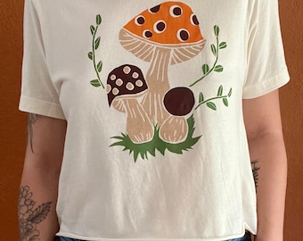 Mushroom crop top, Screen Printed, Hand Printed, woodland