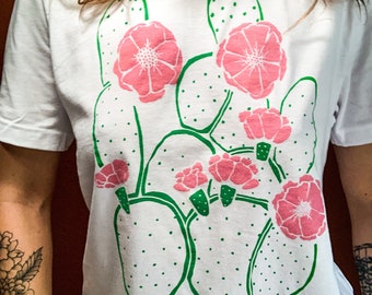 Blooming cactus t shirt, screen printed, hand printed, prickly pear