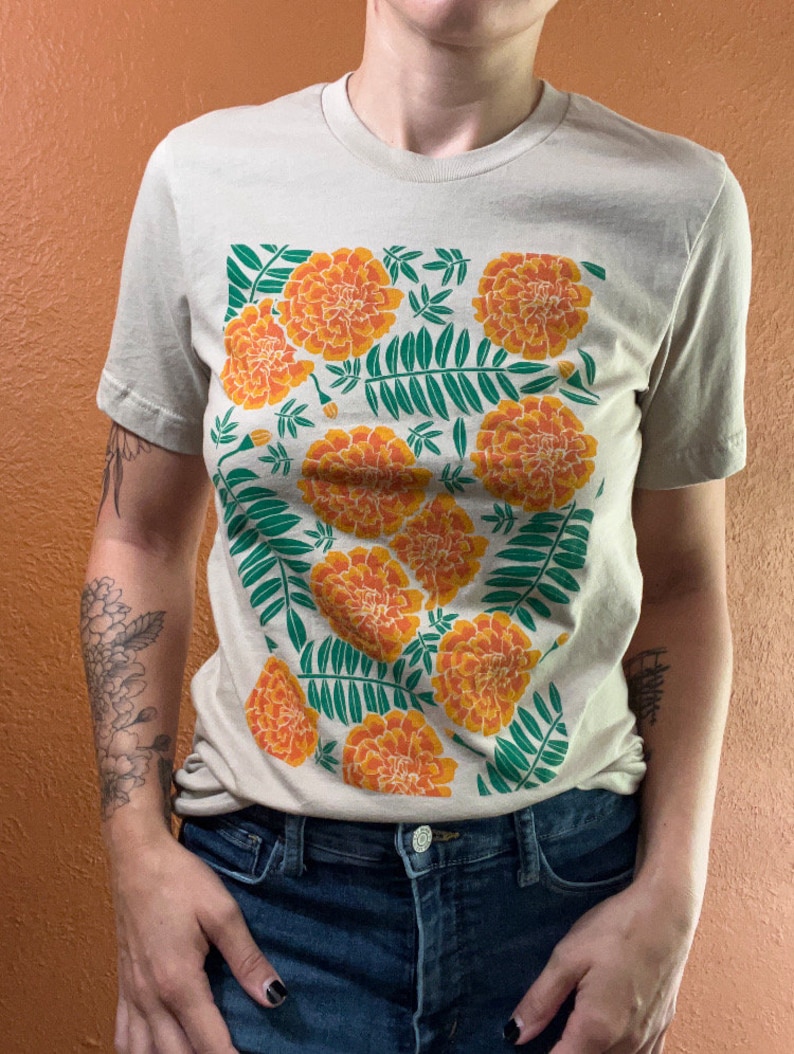 Marigold t-shirt, screen printed, hand printed, floral print image 4