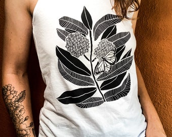 Monarch Butterfly and Milkweed racer back tank top, screen printed, hand printed