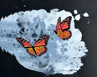 Migration no. 1, 12” x 12” original, screen print, hand painted, mixed media, monarch butterfly