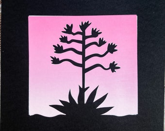 Agave Silhouette Screen Print, Pink Sunset, Cactus Art, Hand Printed