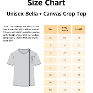 May include: Size chart for Unisex Bella + Canvas crop tops. The chart includes sizes XS to 4XL, with body width and length measurements in inches. A graphic of a gray crop top illustrates length measurement.