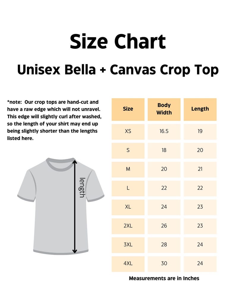 May include: Size chart for Unisex Bella + Canvas crop tops. The chart includes sizes XS to 4XL, with body width and length measurements in inches. A graphic of a gray crop top illustrates length measurement.