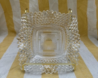 Indiana Glass Diamond Point Square Bowl – Ruffled Edge – Clear Pressed Glass – Mid Century Serving Dish – Retro Home Decor.