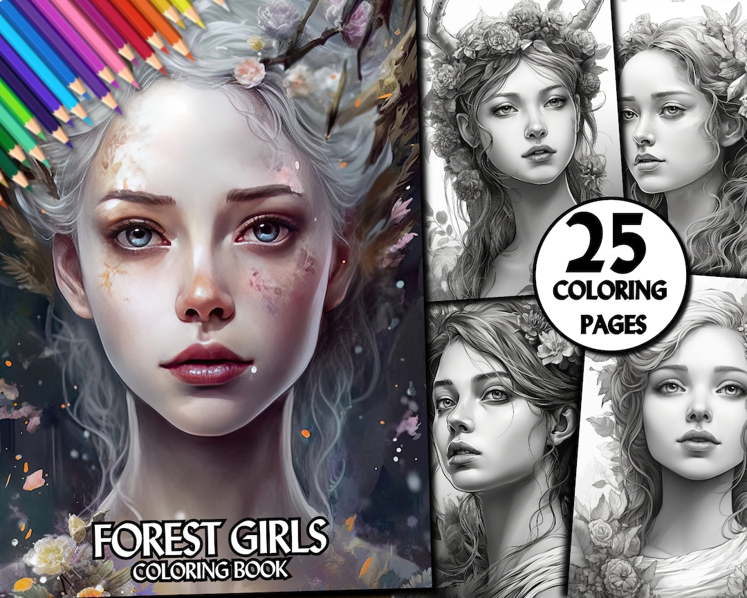 25 Forest Girls Coloring Book Kids Adults Coloring Pages Grayscale ...