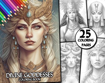 25 Divine Goddesses Coloring Book Kids Adults Coloring Pages Grayscale Coloring Book Page Instant Download Printable PDF