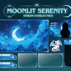 Pacote de sobreposição de transmissão Moonlit Serenity para Twitch | Pacote Twitch fofo | OBS | Pacote Vtuber | Pacote de sobreposição aconchegante | Animação de sobreposição de transmissão